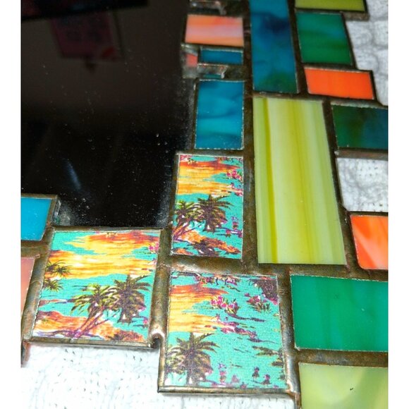 Handcrafted Stained Glass Mosaic Wall Mirror Mcm Handforged Atomic Retro - Picture 7 of 12